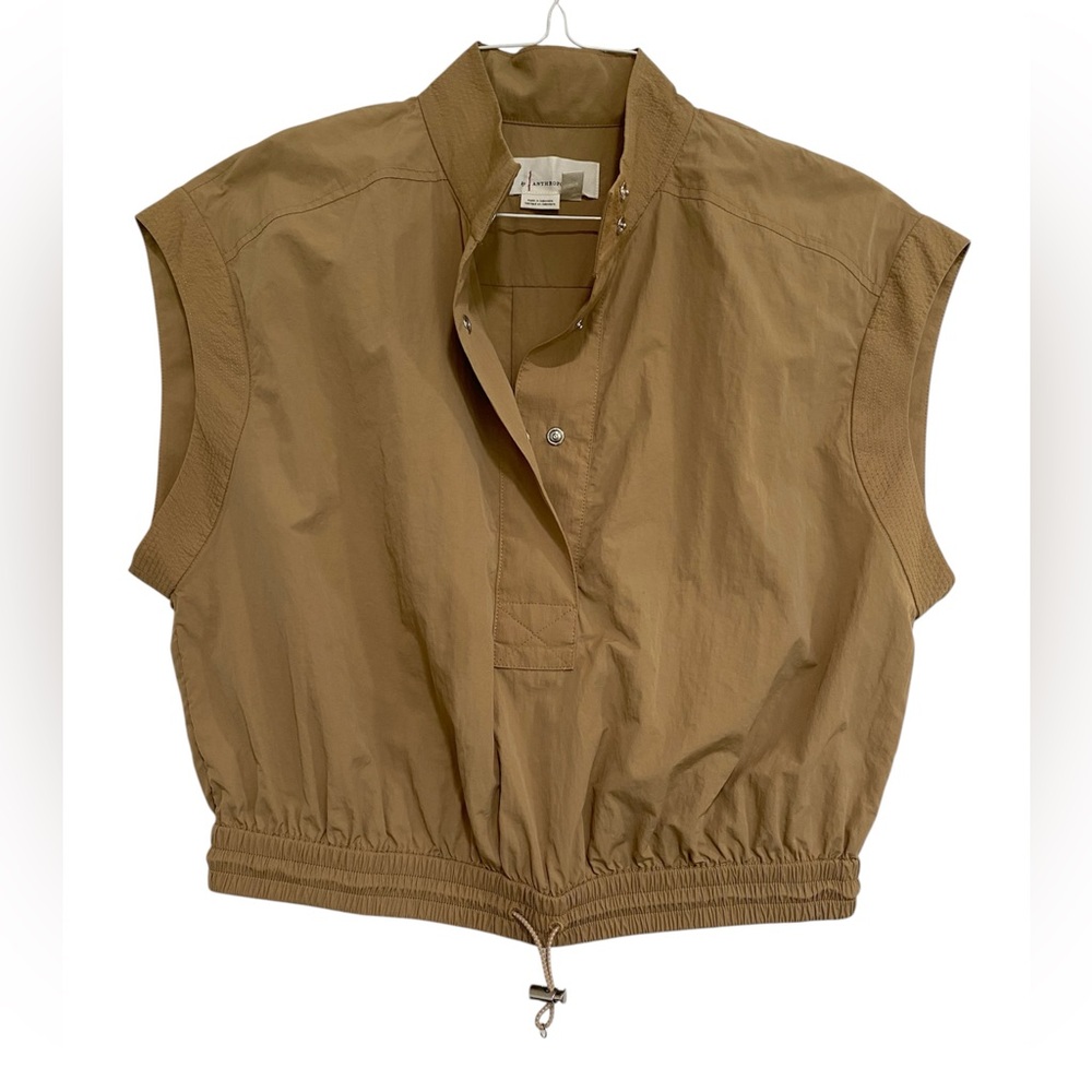 By Anthropologie Short-Sleeve Drawstring Popover Top in beige